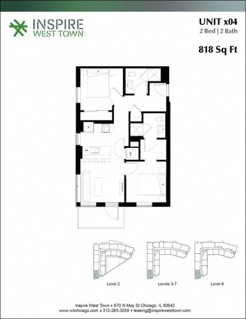 Floor plan for 2 beds, 2 baths, 818 sqft
